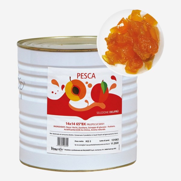 PESCHE A CUBETTI 14X14 SEMICANDITE IN SCIROPPO CONFEZIONE KG 3
