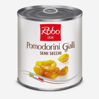 POMODORINI GIALLI SEMI-SECCHI A METÀ IN OLIO PESO NETTO 750GR