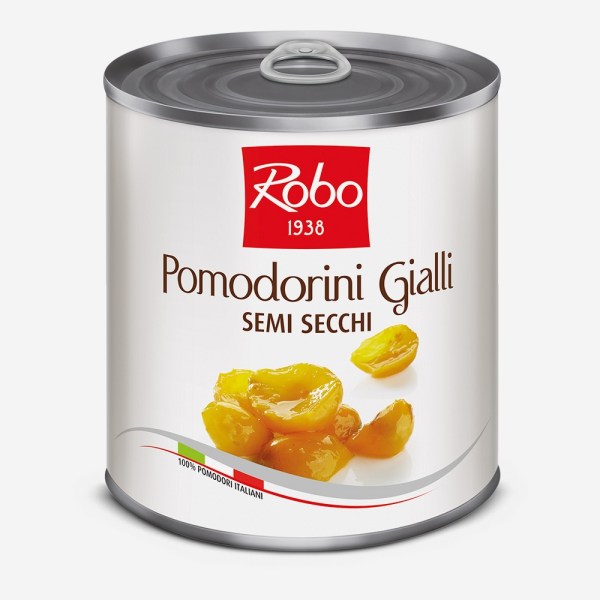 POMODORINI GIALLI SEMI-SECCHI A METÀ IN OLIO PESO NETTO 750GR