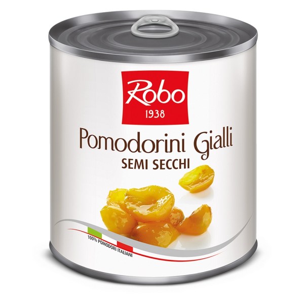 POMODORINI GIALLI SEMI-SECCHI A METÀ IN OLIO PESO NETTO 750GR